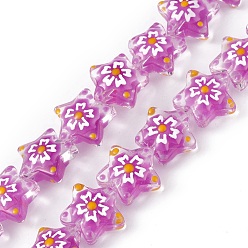 Orchid Handmade Lampwork Beads Strands, with Enamel, Star with Sakura Pattern, Orchid, 13x13.5x12mm, Hole: 1mm, about 33pcs/strand, 14.72 inch(37.4cm)