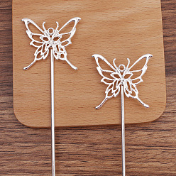 Silver Iron Hair Stick Finding, with Alloy Butterfly, Silver, 135mm, Pin: 2.5mm