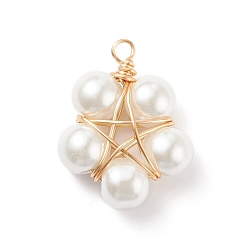 Real 18K Gold Plated Glass Pearl Pendants, with Copper Jewelry Wire, Flower, Real 18K Gold Plated, 32.5~33x25x9.5~10.5mm, Hole: 3.5mm