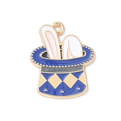 Azul Colgantes de la aleación del esmalte, la luz de oro, colgante de conejo con sombrero mágico, azul, 24x19x1 mm, agujero: 1.4 mm