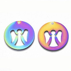 Rainbow Color Ion Plating(IP) 201 Stainless Steel Pendants, Etched Metal Embellishments, Flat Round with Angel, Rainbow Color, 30x0.3mm, Hole: 2mm