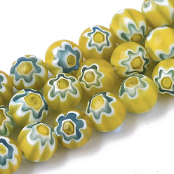 Jaune Brins de perles au chalumeau fait main millefiori, ronde, jaune, 8mm, Trou: 1.2mm, Environ 48 pcs/chapelet, 14.17 pouce (36 cm)