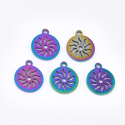 Rainbow Color Ion Plating(IP) 201 Stainless Steel Charms, Flat Round with Sun, Rainbow Color, 14x12x1mm, Hole: 1.5mm