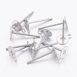 Stainless Steel Color 304 Stainless Steel Stud Earring Settings, Earring Posts, with Loop, Stainless Steel Color, Tray: 8mm, 10x8mm, Hole: 1mm, Pin: 0.6mm
