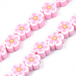 Pink Ручной полимерные нити глины шарик, цветок, розовые, 7.5~10x7~11x3.5~5 мм, отверстие : 1.6 мм, около 38~40 шт / нитка, 13.58 дюйм ~ 14.57 дюйм (34.5~37 см)
