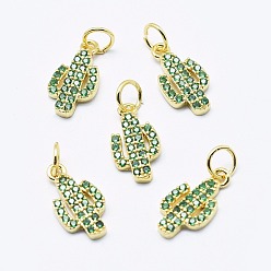 Golden Brass Micro Pave Cubic Zirconia Charms, Cadmium Free & Nickel Free & Lead Free, Cactus, Green, Golden, 14x7.5x2mm, Hole: 3mm