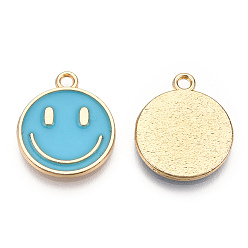 Deep Sky Blue Light Gold Tone Alloy Enamel Pendants, Flat Round with Smiling Face Charms, Deep Sky Blue, 19x16x1.5mm, Hole: 1.8mm