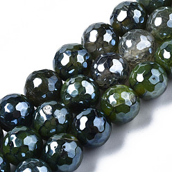 Dark Olive Green Natural Agate Beads Strands, Pearl Luster Plated, Faceted, Round, Dark Olive Green, 12mm, Hole: 1.6mm, about 32~34pcs/strand, 13.94~16.06 inch(35.4~40.8cm)
