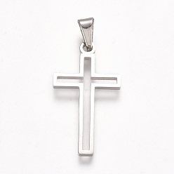 Stainless Steel Color 304 Stainless Steel Pendants, Cross, Hollow, for Craft Jewelry Making, Stainless Steel Color, 25x13x1mm, Hole: 5x3mm