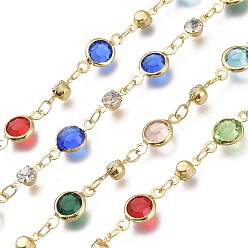Colorful Handmade Brass Link Chains, with Faceted Glass, Rhinestone and Spool, Soldered, Long-lasting Plated, Flat Round, Golden, Colorful, Glass Links: 13x6.5x3mm,  Rhinestone Links: 8x4x3.5mm, Link: 4.5x2.5x0.4mm, about 32.8 Feet(10m)/roll