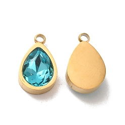 Golden Ion Plating(IP) 304 Stainless Steel Pendants, with Dark Turquoise Glass, Teardrop Charms, Golden, 12x7x4mm, Hole: 1.5mm