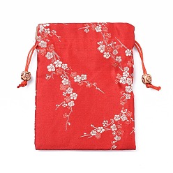 Красный Мешочки для упаковки шелка, шнурок сумки, с деревянных бусин, красные, 14.7~15x10.9~11.9 см