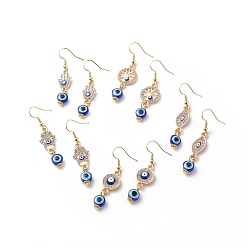  Boucles d'oreilles pendantes en cristal avec strass et mauvais œil en émail, boucles d'oreilles pendantes en laiton avec perles de résine pour femmes, or, motifs mixtes, 48~51.5mm, pin: 0.7 mm