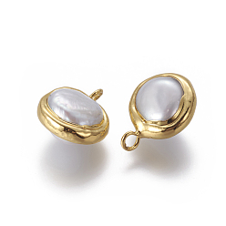 Oro Colgantes naturales de perlas cultivadas de agua dulce, con fornituras de latón, pepitas, blanco, dorado, 17~18.5x13~15x8~9.5 mm, agujero: 2.5 mm