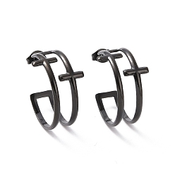 Gunmetal 304 Stainless Steel Double Cross Stud Earrings, Half Hoop Earrings for Women, Gunmetal, 23.5x8mm, Pin: 0.7mm