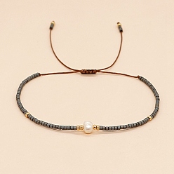 Gray Glass Imitation Pearl & Seed Braided Bead Bracelets, Adjustable Bracelet, Gray, 11 inch(28cm)