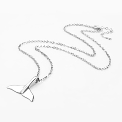 Stainless Steel Color Stainless Steel Pendant Necklaces, with Stainless Steel Pendant and Brass Lobster Claw Clasps, Whale Tail Shape, Stainless Steel Color, 21.6 inch(55cm)