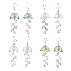 Mixed Color 4 Pairs 4 Color Shell Pearl Flower Wind Chime Dangle Earrings, 304 Stainless Steel Jewelry for Women, Mixed Color, 68mm, Pin: 0.6mm, 1 Pair/color