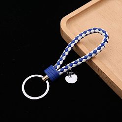 Royal Blue PU Leather Knitting Keychains, Wristlet Keychains, with Platinum Tone Plated Alloy Key Rings, Royal Blue, 12.5x3.2cm