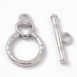 Stainless Steel Color 304 Stainless Steel Toggle Clasps, Flat Round with Heart, Stainless Steel Color, Bar: 6x19.5x2mm, hole: 2.5mm, Flat Round with Heart: 21x13.5x2mm, hole: 2.5mm