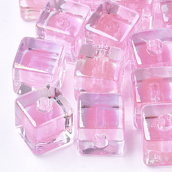 Pearl Pink Transparent Acrylic Beads, UV Plating & Rainbow, Bead in Bead, Half Drilled Beads, Cube, Pearl Pink, 12.5x12.5x12.5mm, Half Hole: 3.5mm
