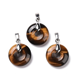 Tiger Eye Natural Tiger Eye Pendants, with Platinum Tone Brass Findings, Cadmium Free & Lead Free, Donut/Pi Disc, 24~25x20x8.5mm, Hole: 8x5mm