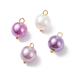 Medium Orchid Glass Pearl Pendants, with Golden Plated Brass Findings, Round, Medium Orchid, 11x8.5mm, Hole: 2mm