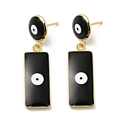 Black Rectangle with Evil Eye Enamel Dangle Stud Earrings, Real 18K Gold Plated Brass Jewelry for Women, Black, 43mm, Pin: 0.9mm