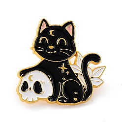 Black Cat with Skull Enamel Pin, Cute Alloy Enamel Brooch for Backpacks Clothes, Light Gold, Black, 28x29x9.5mm