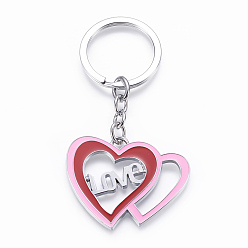 Red Zinc Alloy Keychain, with Enamel, Iron Key Rings and Iron Chains, Heart with Love, For Valentine's Day, Platinum, Red and Pink, 92mm