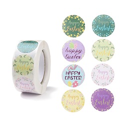 Word 8 Patterns Easter Theme Self Adhesive Paper Sticker Rolls, with Rabbit Pattern, Round Sticker Labels, Gift Tag Stickers, Mixed Color, Happy Easter, Word, 25x0.1mm, 500pcs/roll