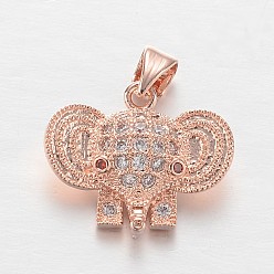 Rose Gold Brass Micro Pave Cubic Zirconia Charms, Elephant, Lead Free & Nickel Free, Rose Gold, 13x17x5mm, Hole: 4x3mm