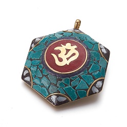 Green Polymer Clay Big Pendants, with Brass Findings, Hexagon with Om Symbol, Unplated, Green, 71x55x13.5mm, Hole: 5x5.4mm