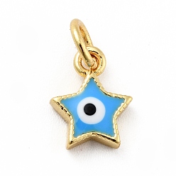 Deep Sky Blue Rack Plating Brass Enamel Charms, with Jump Rings, Cadmium Free & Lead Free, Real 18K Gold Plated, Star with Evil Eye, Deep Sky Blue, 9.5x7.5x2.6mm, Hole: 3mm