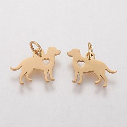 Golden 304 Stainless Steel Puppy Pendants, Silhouette Charms, Dog with Heart, Golden, 11x15x1mm, Hole: 3mm