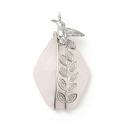 Rose Quartz Natural Rose Quartz Pendants, Teardrop Charm, with Stainless Steel Color Plated 304 Stainless Steel Bird Findings, 41x23x10.5mm, Hole: 3mm