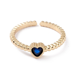 Blue Brass Micro Pave Cubic Zirconia Cuff Rings, Open Rings, Long-Lasting Plated, Real 18K Gold Plated, Heart, Blue, 2mm, Inner Diameter: 17mm