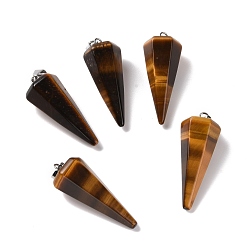 Tiger Eye Natural Tiger Eye Pendants, with Platinum Plated Brass Findings, Faceted, Cone, 35~36x13~14x12~12.5mm, Hole: 2.7x6.5mm