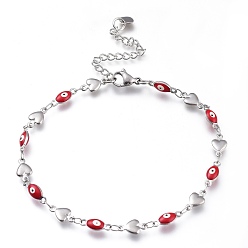 Red 304 Stainless Steel Link Bracelets, with Enamel and Lobster Claw Clasps, Evil Eye & Heart, Stainless Steel Color, Red, 8-1/4 inch(21cm), Eye: 10x4x3.5mm