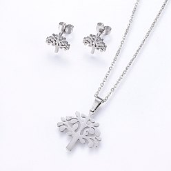 Stainless Steel Color 304 Stainless Steel Jewelry Sets, Stud Earrings and Pendant Necklaces, Tree, Stainless Steel Color, Necklace: 17.7 inch(45cm), Stud Earrings: 11x10.5x1.2mm, Pin: 0.8mm