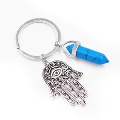 Synthetic Turquoise Synthetic Turquoise Pendant Keychains, with Alloy Pendants and Iron Rings, Bullet Shape with Hamsa Hand, 7.2cm