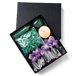 Green Aventurine Natural Green Aventurine & Quartz Crystal & Amethyst Bullet & Heart & Nugget & Chips Gift Box, Display Decorations, Pocket Worry Stone, Reiki Energy Stone Ornament, with Wood Slice, Package Size: 135x110x30mm