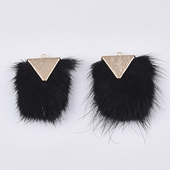 Noir Décorations pendantes de pompon en fausse fourrure de vison, avec les accessoires en laiton, or et de lumière, noir, 40~42x20~30x5.5~7mm, Trou: 2mm
