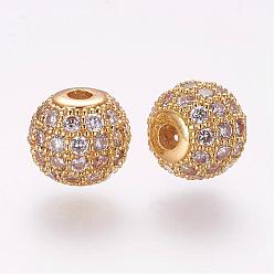 Golden Brass Micro Pave Cubic Zirconia Beads, Round, Clear, Golden, 8mm, Hole: 2mm