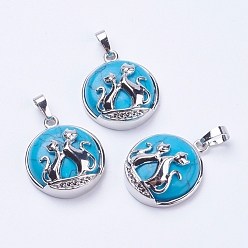 Synthetic Turquoise Synthetic Turquoise Pendants, with Brass Findings, Flat Round with Fox, Platinum, 28~29x23~24x9~10mm, Hole: 5x7mm
