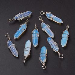 Opalite Faceted Bullet Platinum Plated Brass Opalite Double Terminated Pointed Pendants, 38~42x8~9mm, Hole: 3~6mm