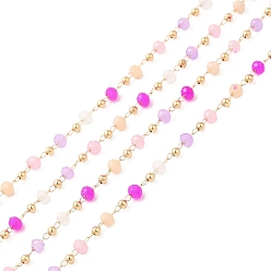 Magenta Faceted Rondelle Glass & Round 304 Stainless Steel Beaded Chains, with Light Gold 316 Surgical Stainless Steel Findings, Soldered, Magenta, 3x2.5mm, 4x2.5x0.5mm