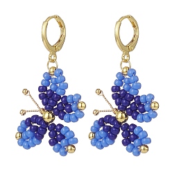 Medium Blue Glass Braided Butterfly Dangle Leverback Earrings, Gold Plated Brass Wire Wrap Jewelry for Women, Medium Blue, 42mm, Pin: 0.9mm