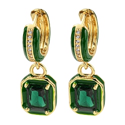 Green Rack Plating Real 18K Gold Plated Brass Enamel Rectangle Dangle Hoop Earrings, with Cubic Zirconia, Lead Free & Cadmium Free, Green, 28x9.5mm