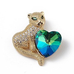 Green Real 18K Gold Plated Rack Plating Brass Micro Pave Clear Cubic Zirconia Pendants, with Glass, Long-Lasting Plated, Cadmium Free & Lead Free, Leopard with Heart Charm, Green, 24x22x8mm, Hole: 5x3mm